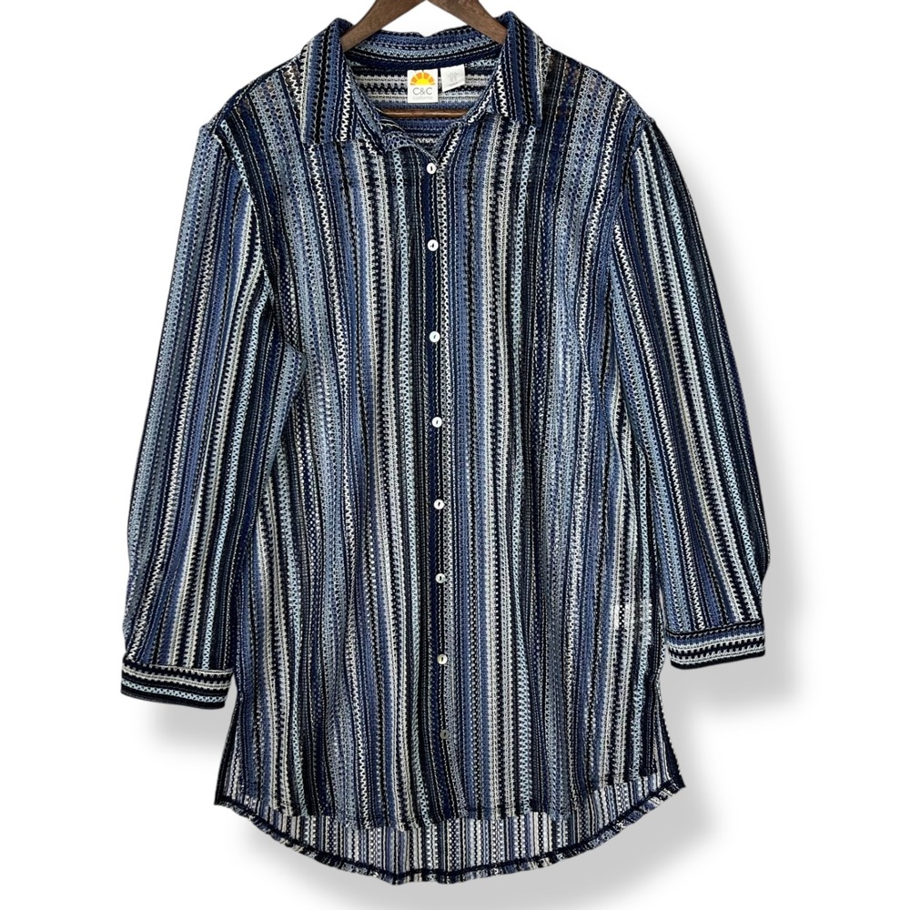 C&C California XL Cover Up Blue Striped Crochet Open Knit Long Sleeve Button Up